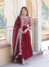 Charming Looking Designer Long Gown in Maroon Colour
